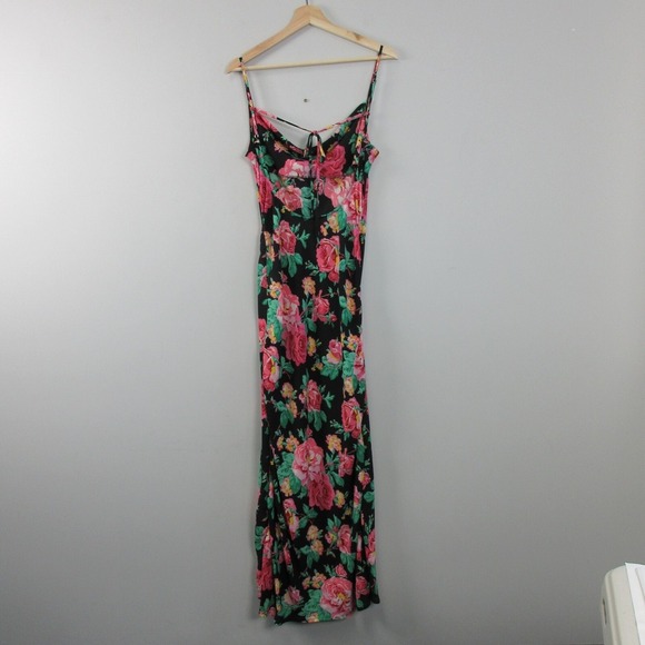 For Love & Lemons Becca Backless Maxi Dress XS Black Pink Floral Slit Party 226 - Picture 2 of 10